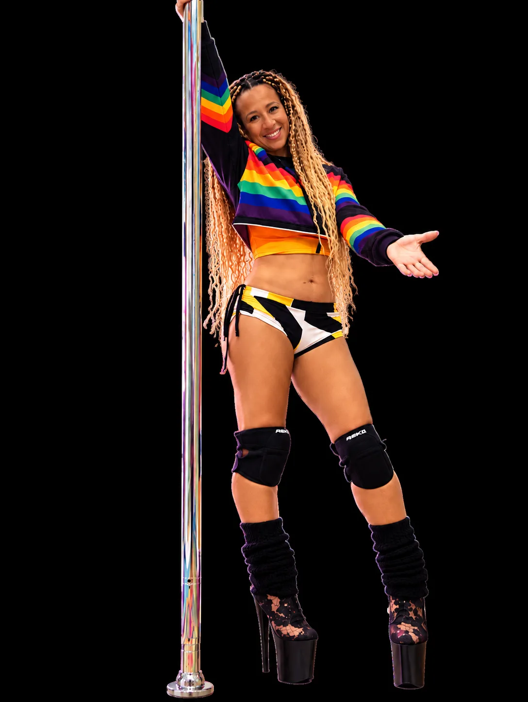Miss Selenia at the pole in the neon-lit studio