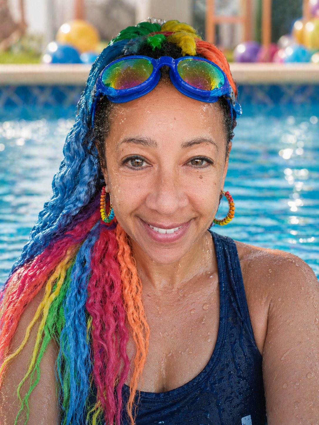 Miss Selenia smiling in the pool with rainbow hair and swim goggles