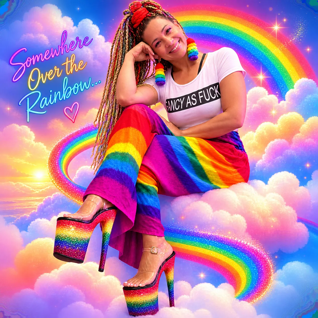 Miss Selenia sitting on a rainbow among clouds