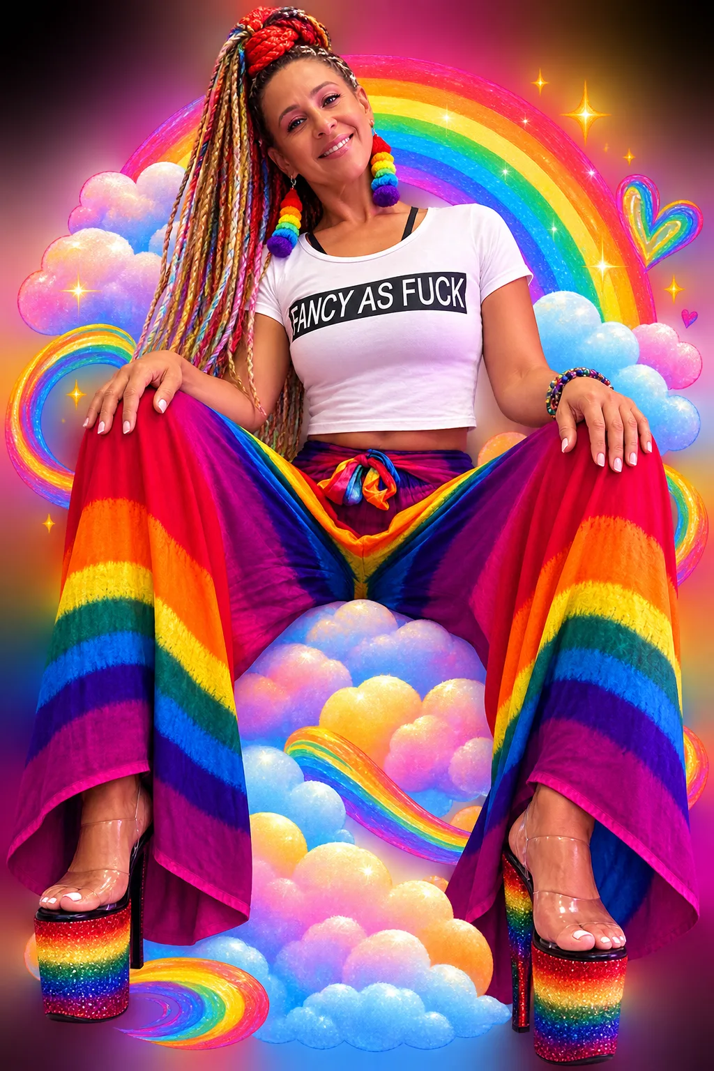 Miss Selenia in rainbow pants on a cloud throne